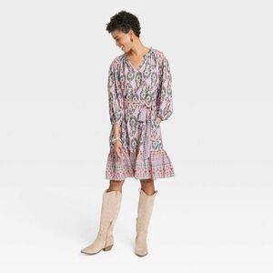 KNOX ROSE Pink Boho Block Print Style Balloon Sleeve Mini Dress